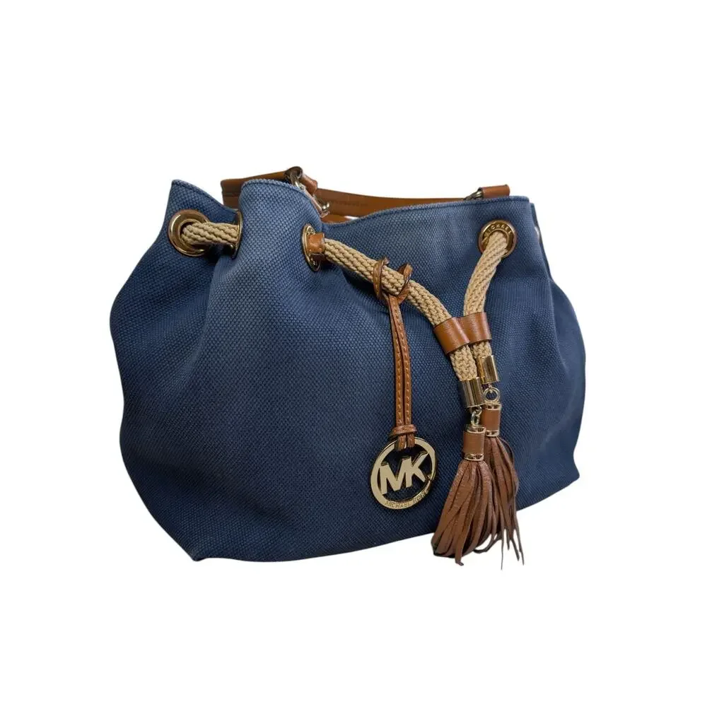 Michael Kors Marina Canvas Rope Tassel Large Bucket Bag Drawstring Blue